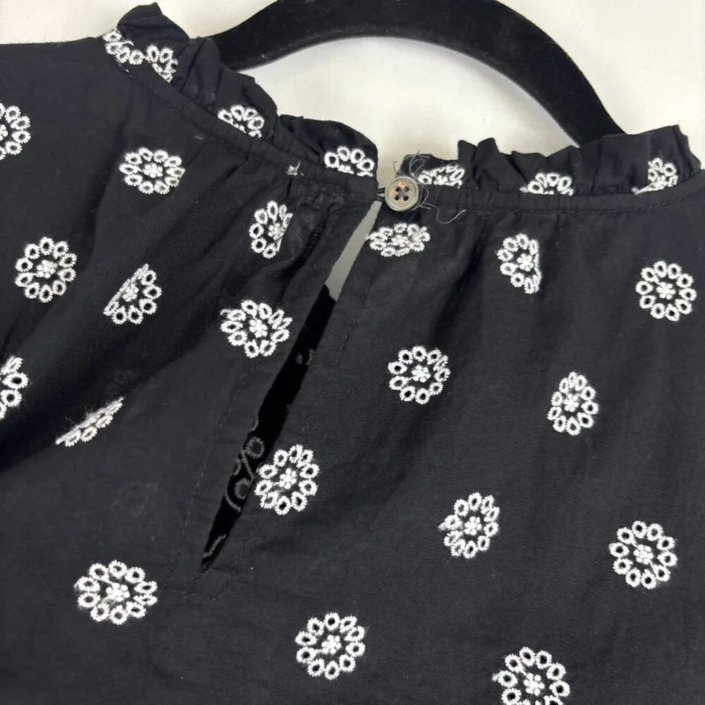 LOFT Black‎ Embroidered Puff Sleeve Top Women's Size Large Boho Cottagecore